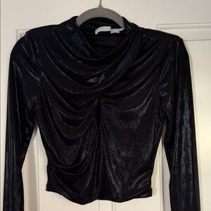 ASTR The Label Black Shimmery Draped Long Sleeve Blouse
